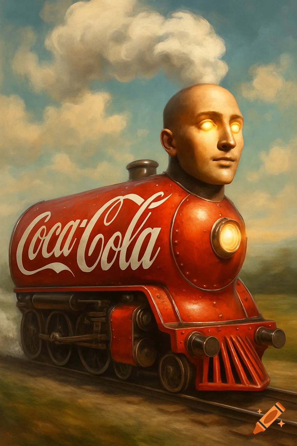 A surreal, painterly image of a red Coca-Cola train with a bald human head and glowing eyes, on tracks under a cloudy sky.