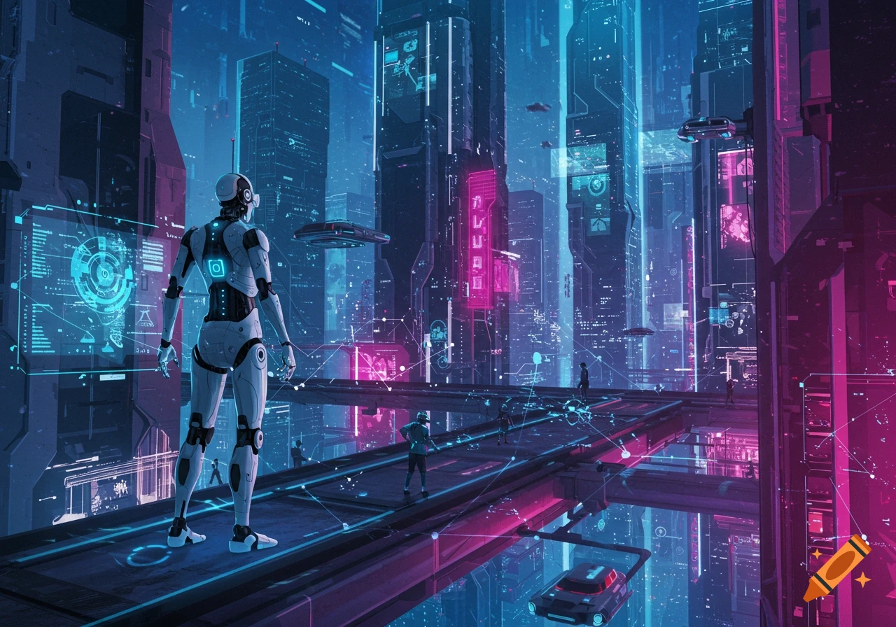 A robot overlooking a vibrant, neon-lit futuristic city with flying cars and holographic displays. Digital art.