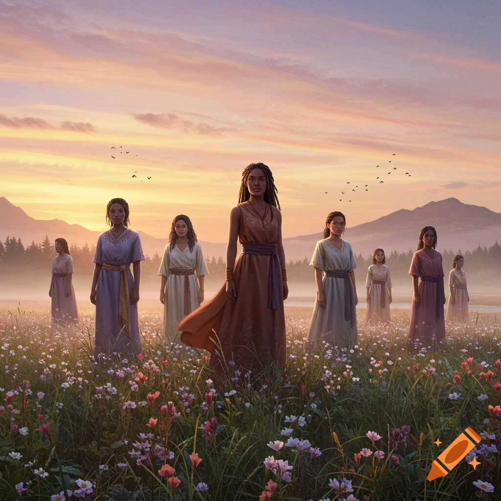Women in flowing robes stand in a wildflower field at sunrise, mountains in background, photorealistic.