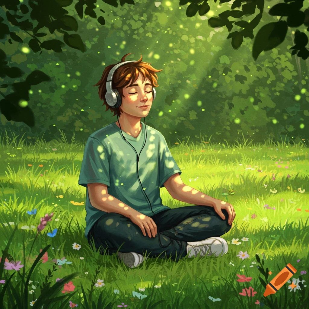 A person with headphones meditating in a sun-dappled grassy forest, surrounded by fireflies and flowers in an illustration style.