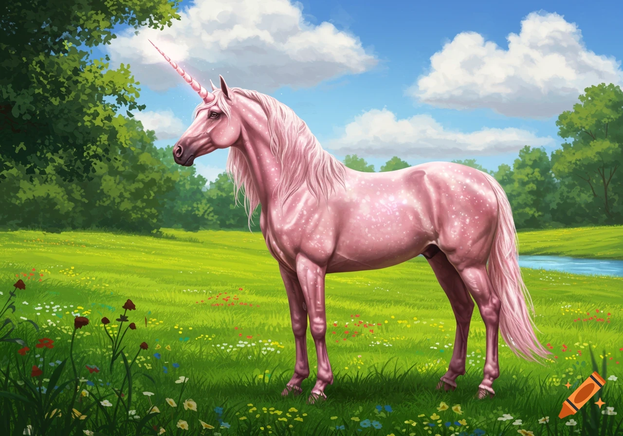 A sparkling pink unicorn stands in a vibrant green meadow with wildflowers, trees, and a river under a blue sky.