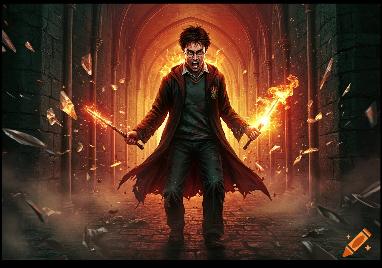 Enraged Harry Potter, with a fiery glow, wields two blazing wands in a dark, crumbling stone corridor, surrounded by shattered glass.