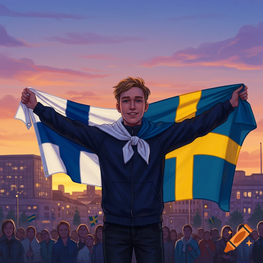 An illustration of a young man holding Finland and Sweden flags above a cheering crowd in a city at sunset.