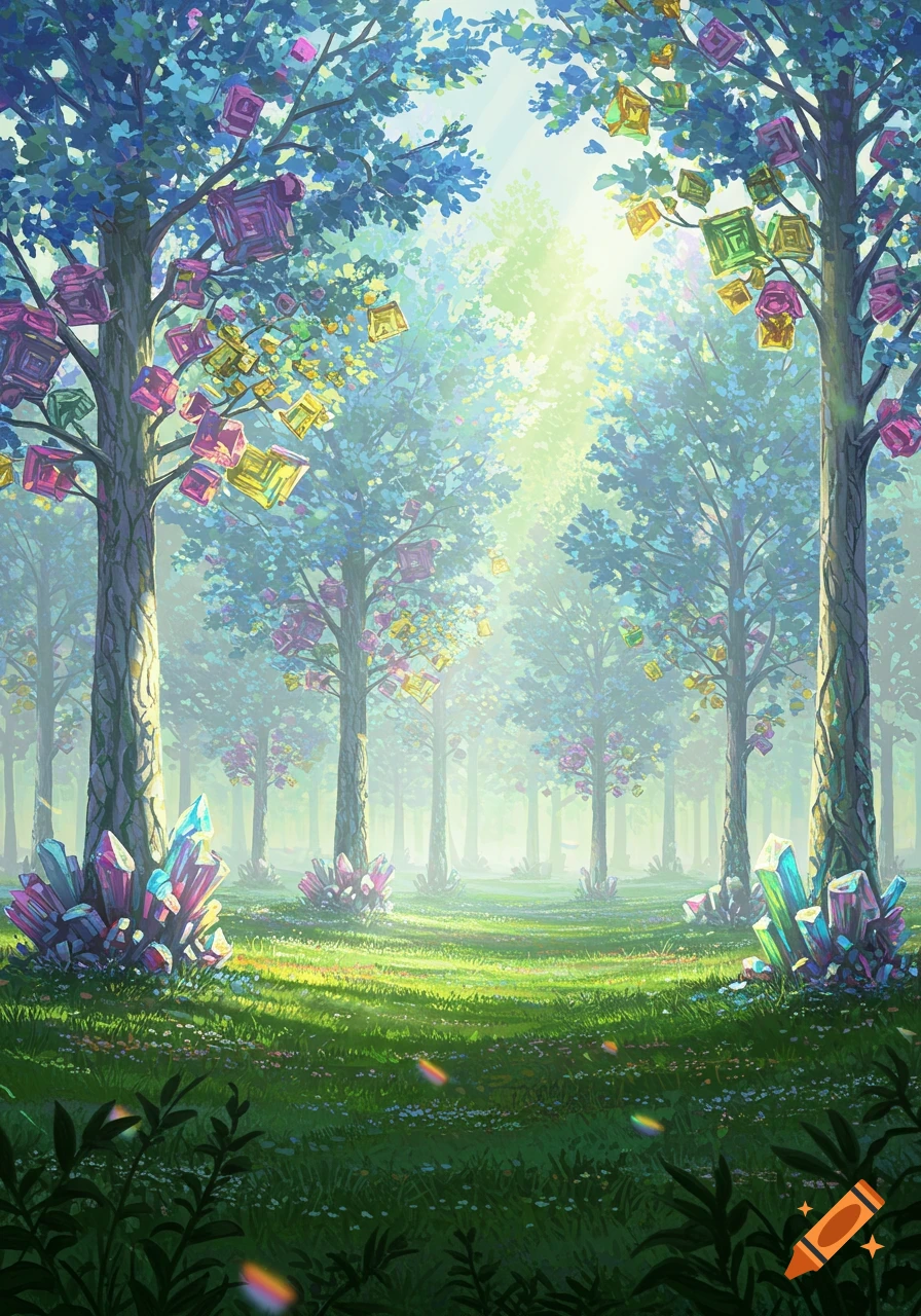 A vibrant, mystical forest with trees adorned with colorful geometric bismuth crystals and large crystal formations.