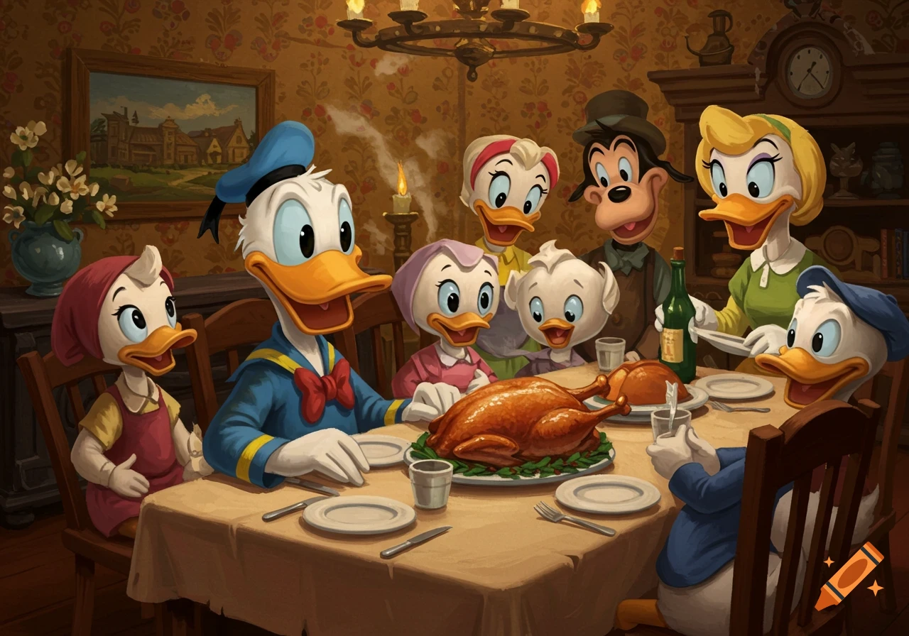 Donald Duck, Daisy, Goofy, and the nephews gather around a table for a festive cartoon family dinner with a roasted turkey.