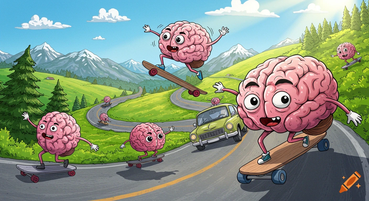 Vibrant cartoon of anthropomorphic brains longboarding down a winding mountain road, one doing a kickflip over a car.