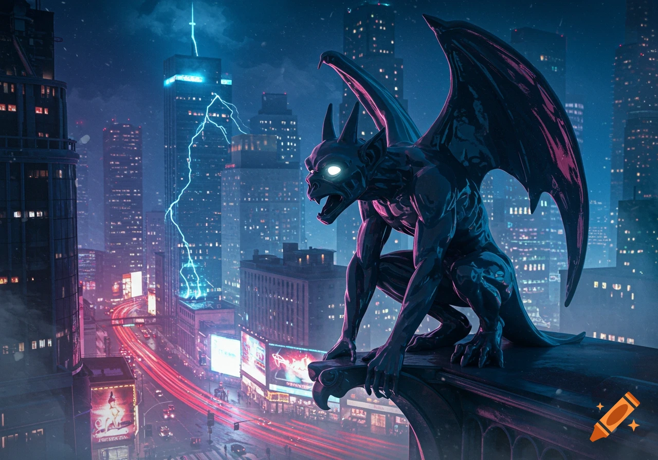 A brooding gargoyle statue with glowing eyes crouches on a building, overlooking a vibrant neon-lit cityscape at night as lightning strikes a tower.