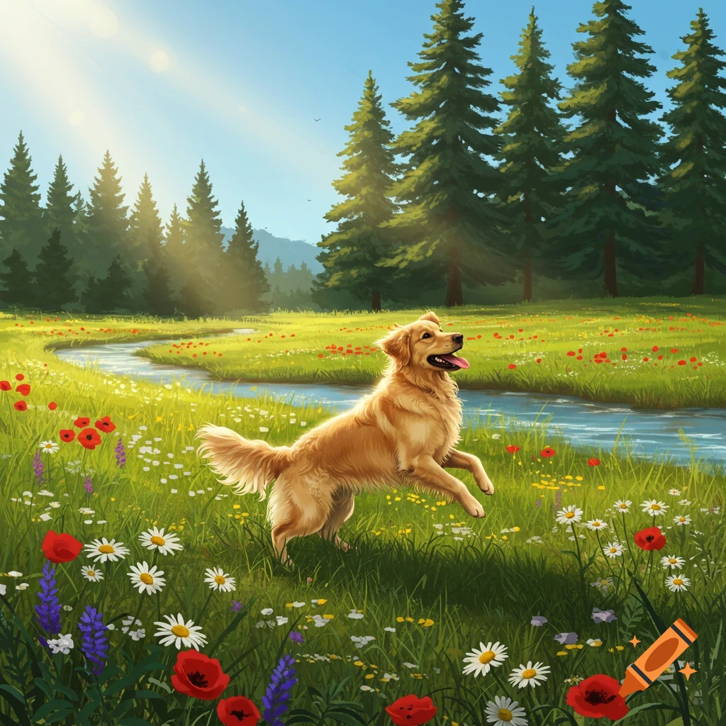 An illustrated golden retriever dog jumps playfully through a vibrant meadow filled with colorful wildflowers, a stream, and a forest under a sunny sky.