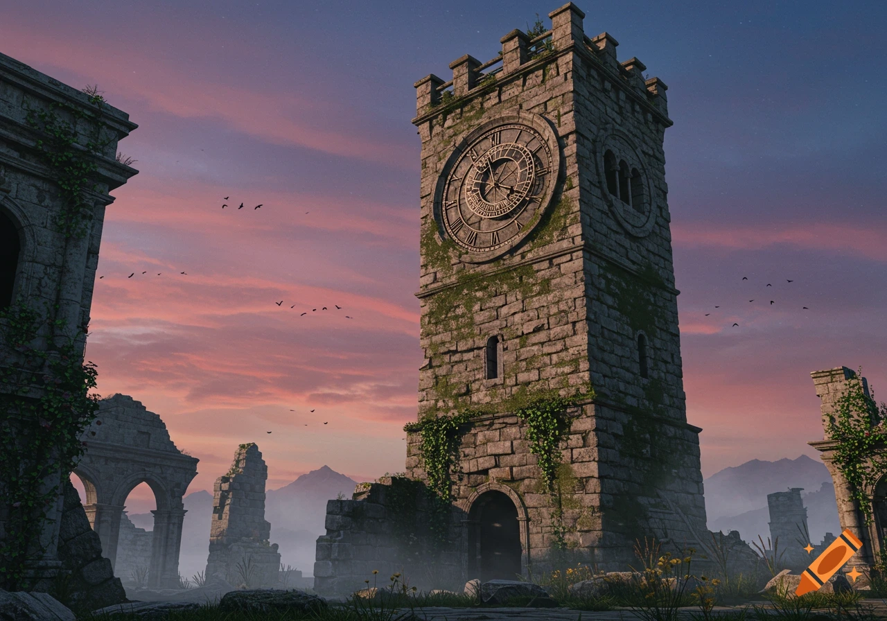 An ancient, moss-covered stone clock tower stands among ruins at sunset, with birds flying in a pink and purple sky.