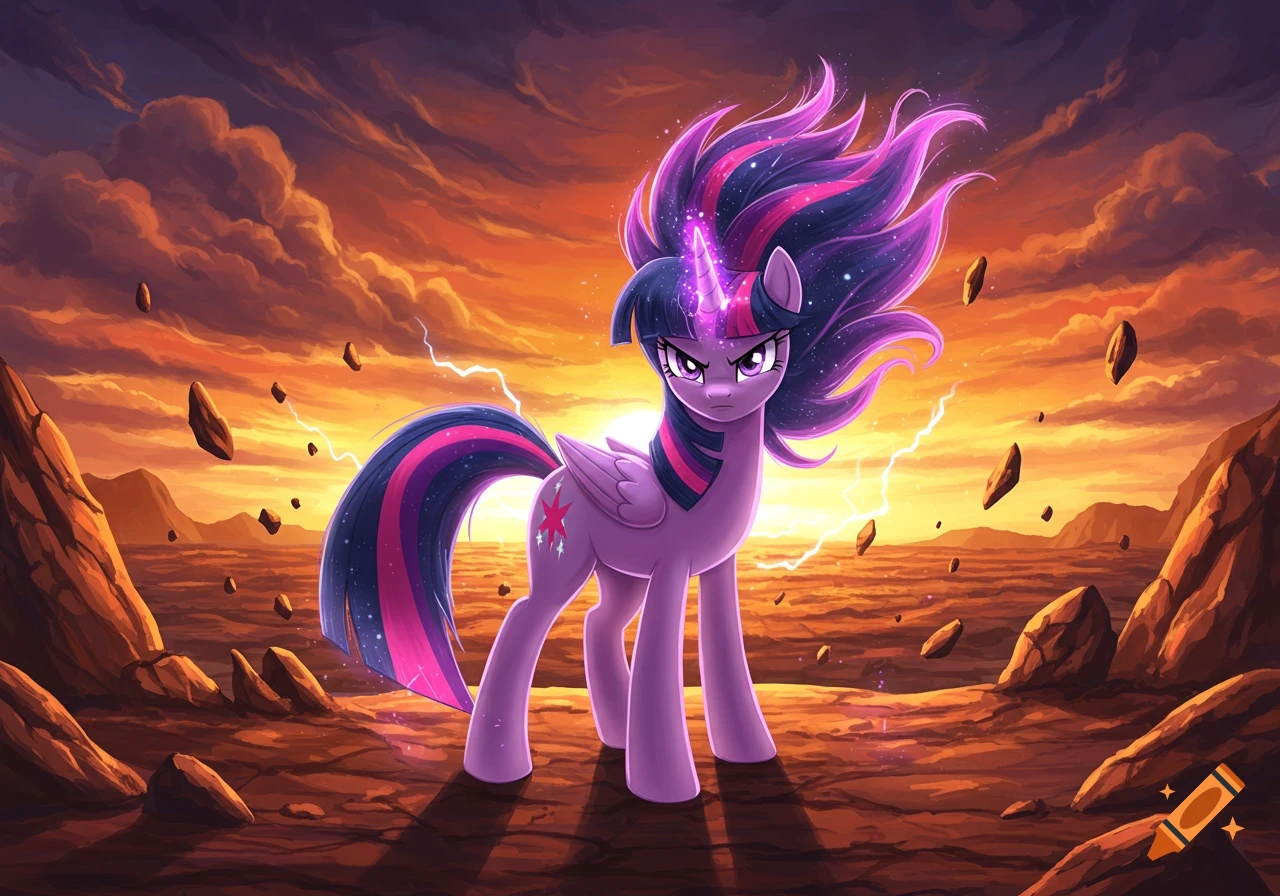 Powerful Twilight Sparkle unicorn with spiky purple hair, a stern expression, in Dragon Ball Z anime style, under a fiery sky with lightning.