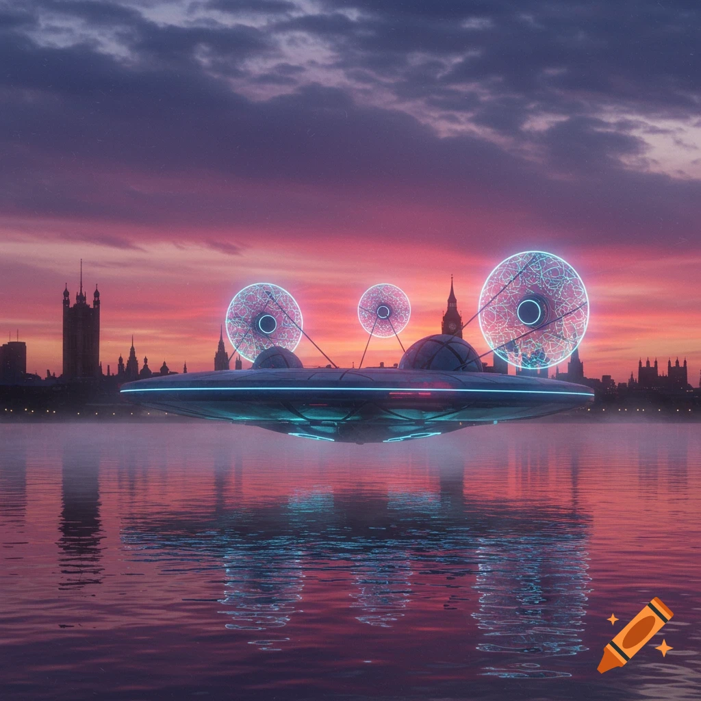 A large, neon-lit futuristic flying saucer hovers above the Thames River in London at sunset, with the Houses of Parliament in the background, reflected in the water.