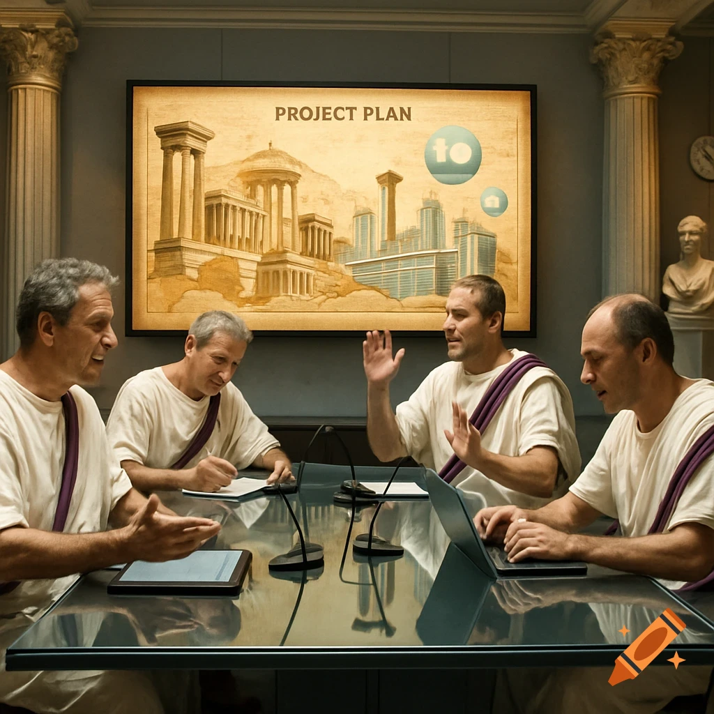 Four Roman-clad men in a modern conference room discuss a project plan mixing ancient and modern architecture on a large screen.