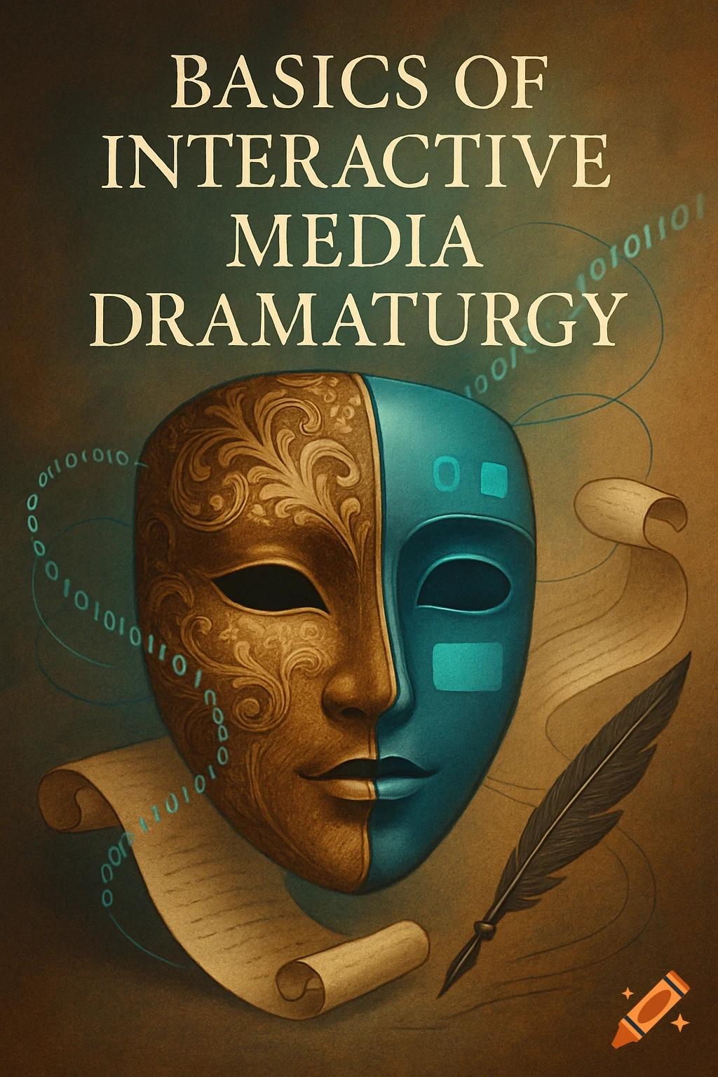 Illustrated book cover with a split gold ornamental and blue digital mask, binary code, a quill, and a scroll, titled 'BASICS OF INTERACTIVE MEDIA DRAMATURGY'.