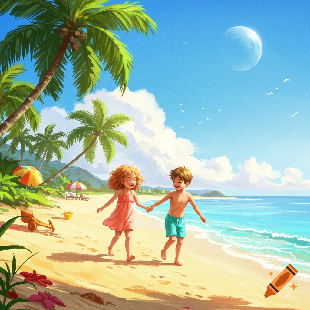 An illustration of two happy children, a boy and a girl, holding hands and running on a sunny tropical beach with palm trees and a clear blue ocean.