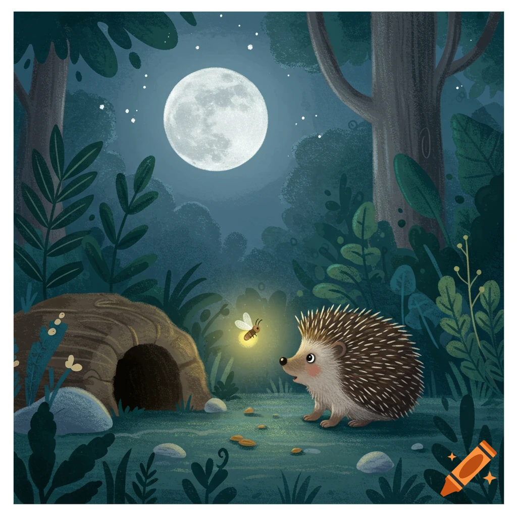 A cute hedgehog looks at a glowing firefly in a magical night forest under a full moon, children's illustration style.