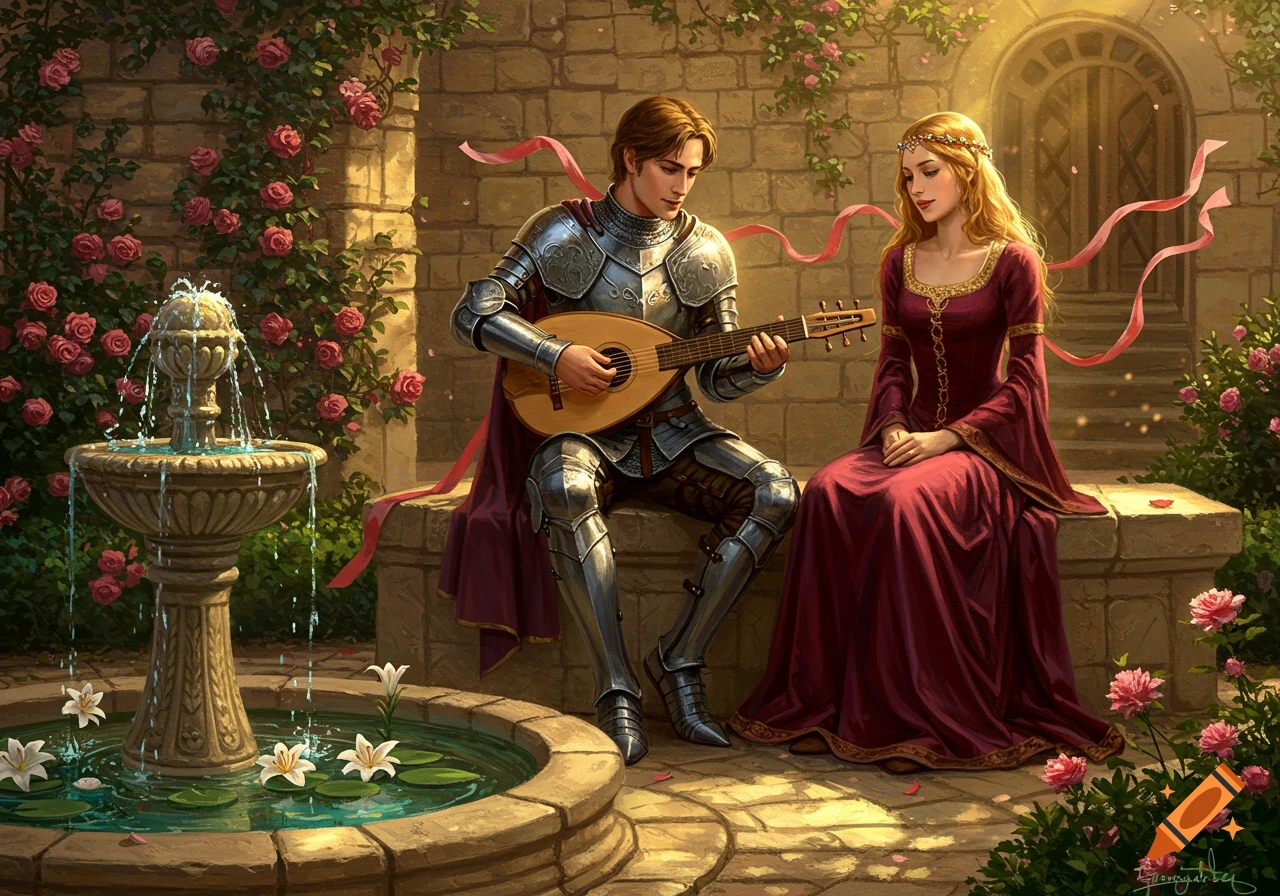 A knight in shining armor plays a lute for a lady in a red gown, sitting in a rose-filled medieval garden with a fountain.