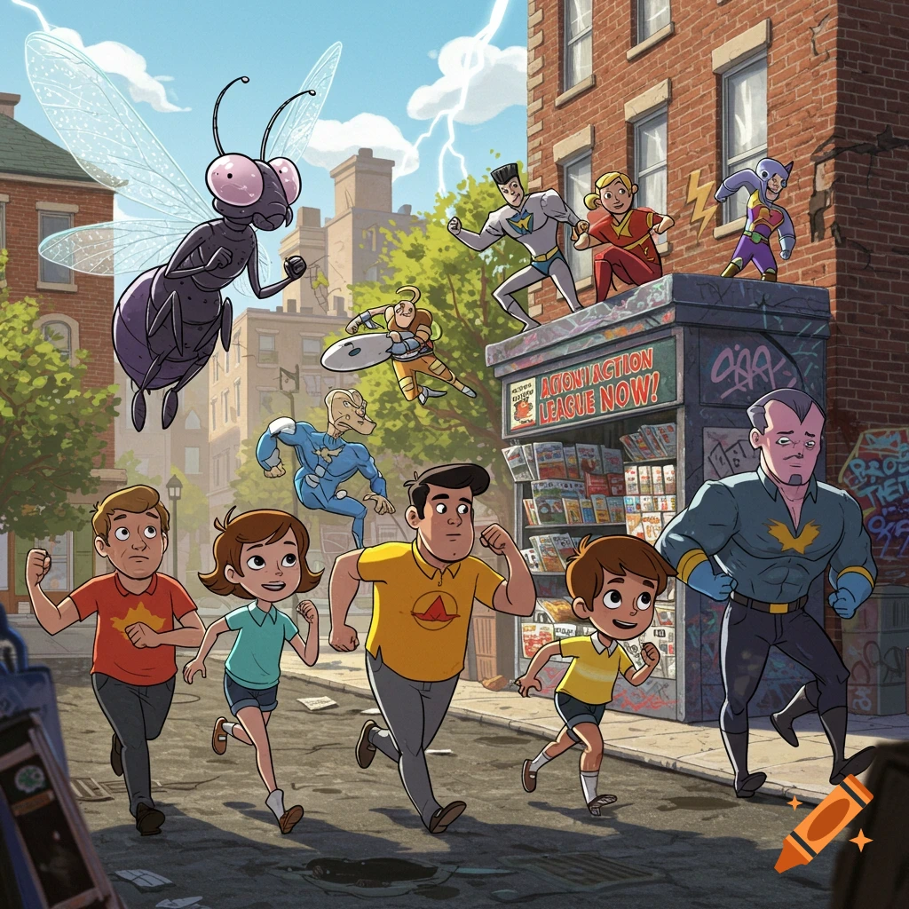 Cartoon superheroes and children running through a city street, with a giant insect flying and lightning in the sky. Stylized comic book art.