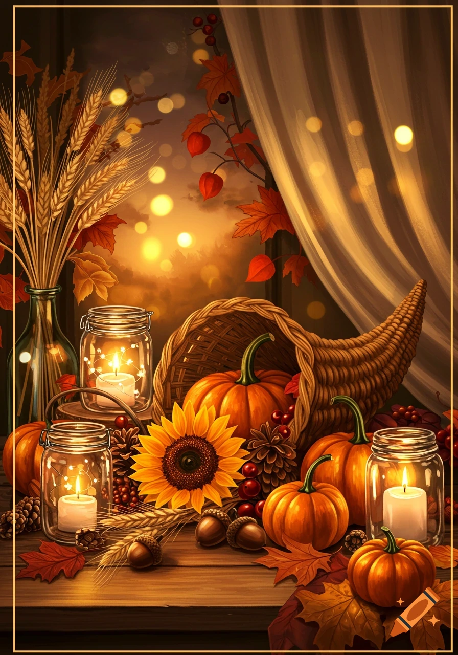 A festive autumn still life featuring pumpkins, glowing candles in jars, a cornucopia, wheat, and fall leaves on a wooden table.
