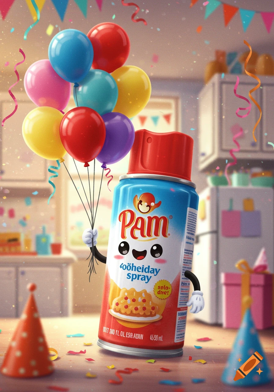 A cartoon Pam cooking spray can with arms and legs holds a bouquet of colorful balloons in a festive kitchen decorated for a birthday party.