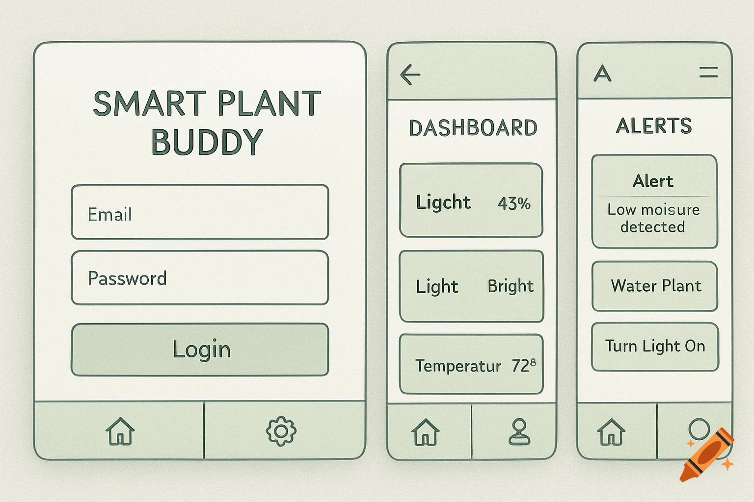 Three mobile app wireframes: a login screen, a dashboard, and an alerts screen for a 'Smart Plant Buddy' app, in a simple green and off-white color scheme.