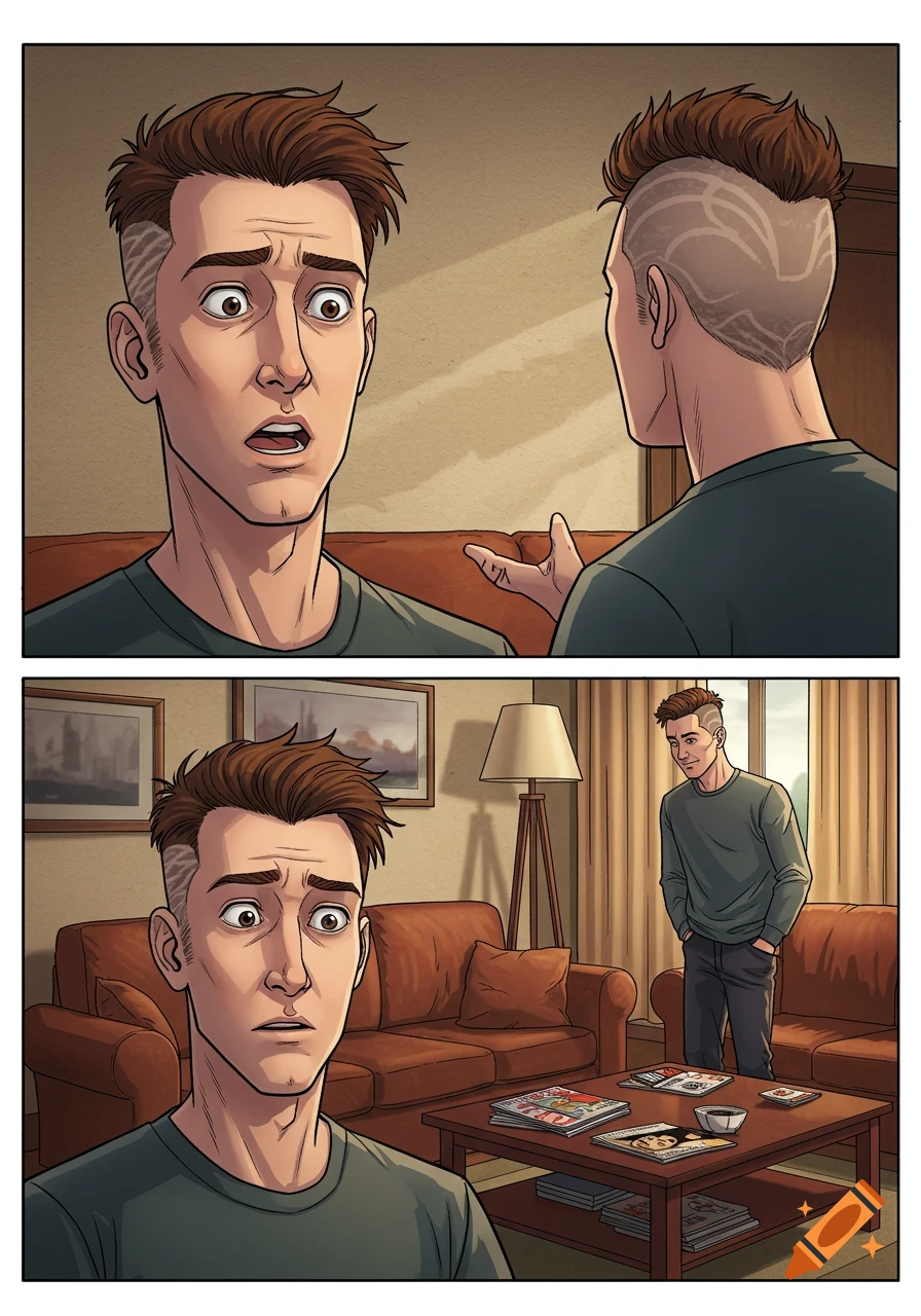 A comic page shows a man with a shocked expression reacting to his friend's new, elaborate undercut hairstyle in a living room.