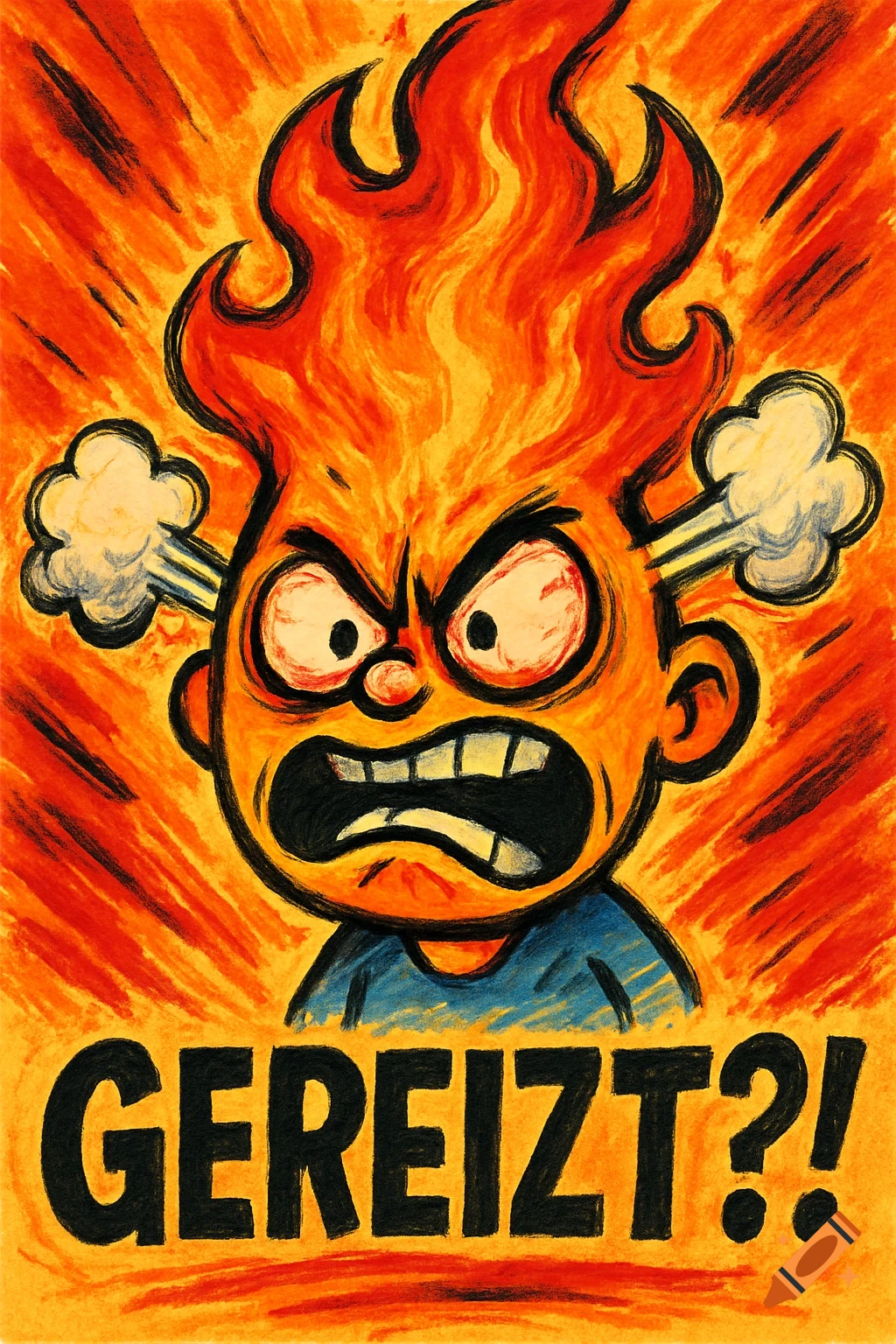Cartoon drawing of an angry person with fiery hair, steam from ears, and "GEREIZT?!" text below.