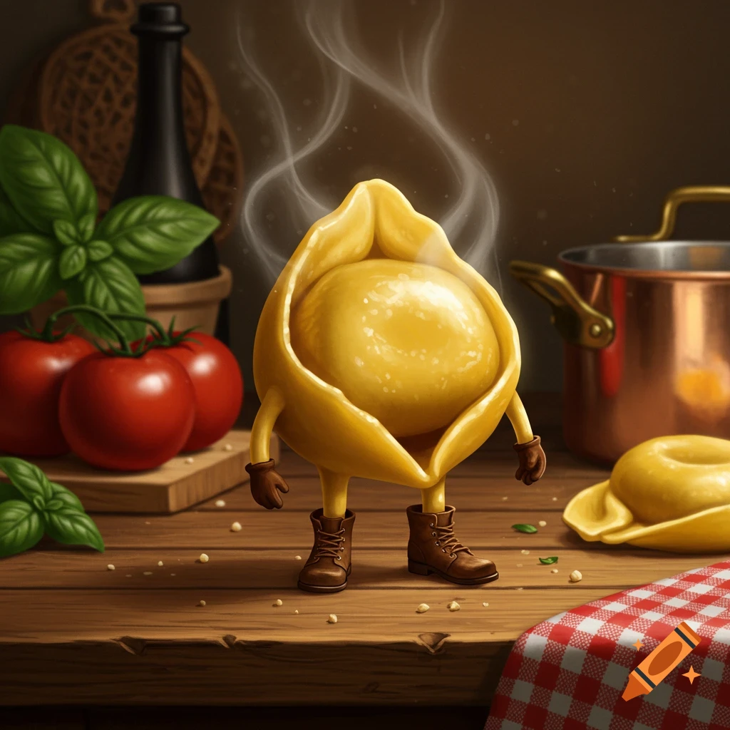 A steaming, anthropomorphic tortellino pasta wearing brown boots stands on a wooden counter with tomatoes, basil, and a pot in a kitchen.