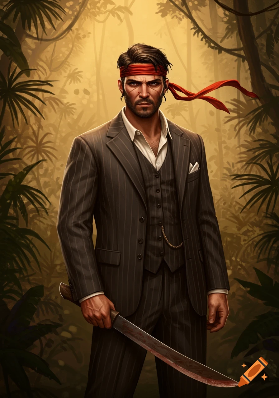 A stylized illustration of a stern man in 1920s pinstripe suit and red headband, holding a bloody machete in a jungle.