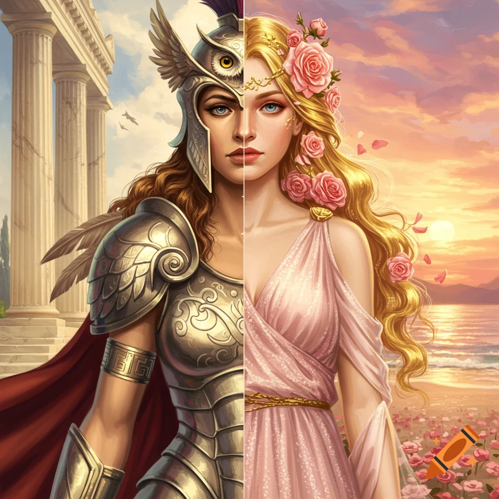 A detailed illustration of a woman split down the middle, depicting Athena in armor before columns and Aphrodite in a pink gown at a sunset beach.
