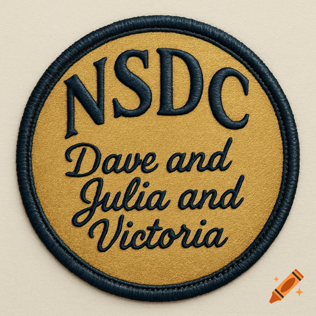 Circular gold embroidered patch with dark blue trim, featuring 'NSDC' at the top and 'Dave and Julia and Victoria' below.