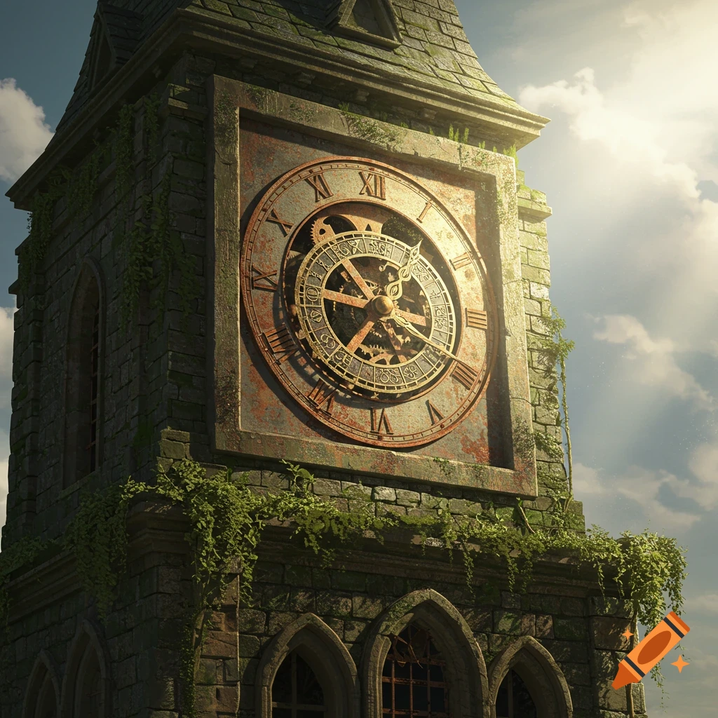 An old, weathered stone clock tower with an ornate clock face showing Roman numerals and gears, overgrown with ivy, under a cloudy sky.