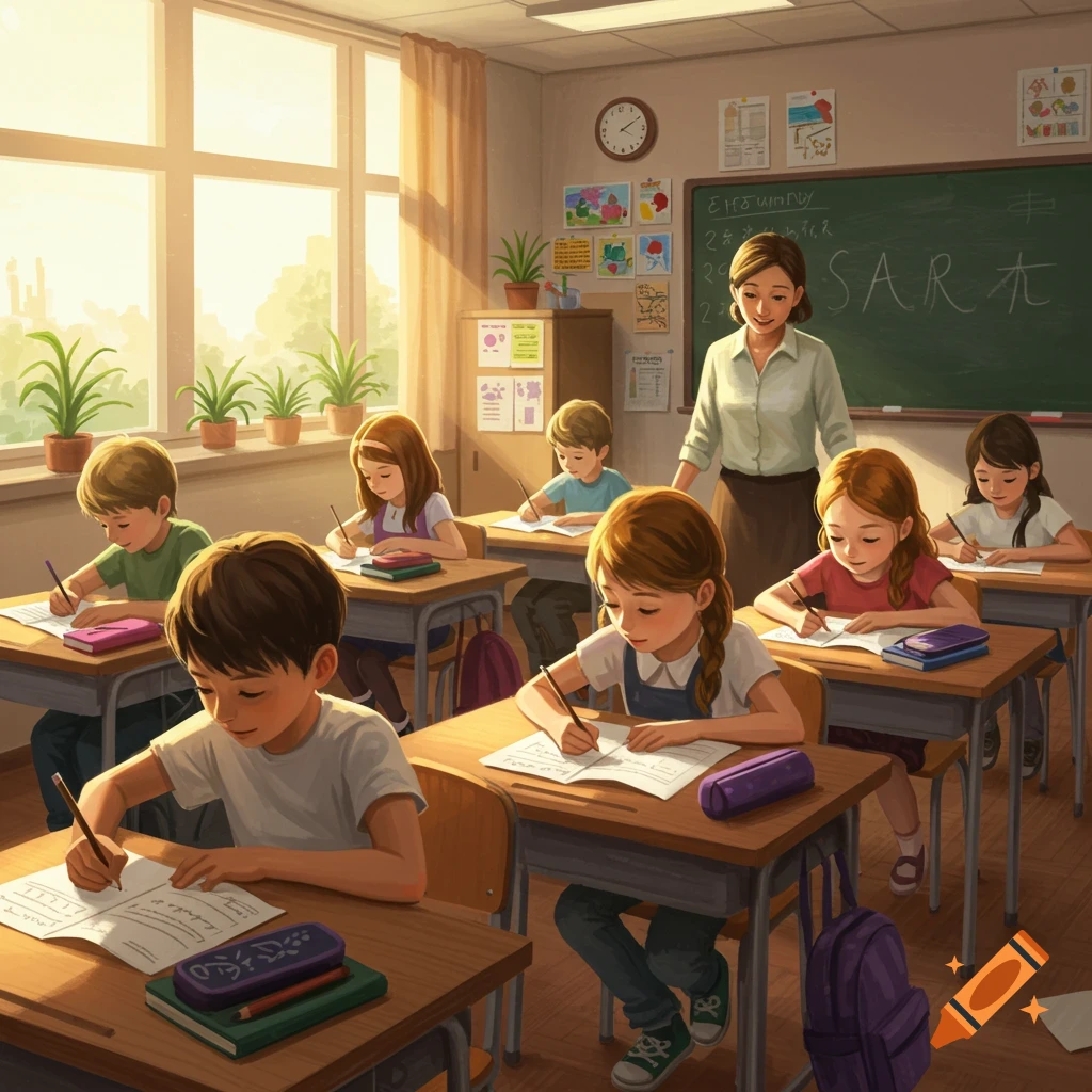 An illustration of a bright elementary classroom with diverse students writing at desks and a teacher observing.