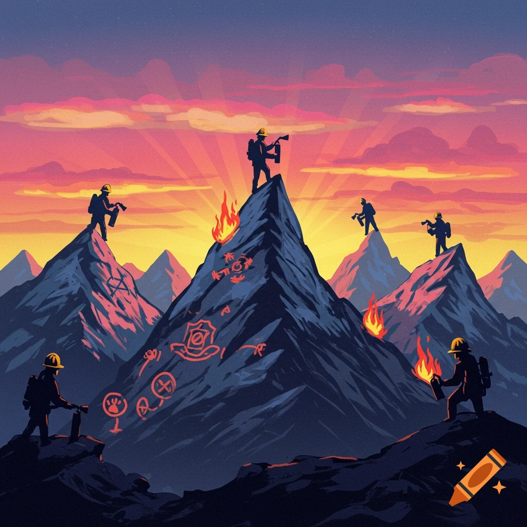 Silhouetted firefighters on jagged mountains with small fires against a vibrant sunrise sky in a graphic, illustrative style.