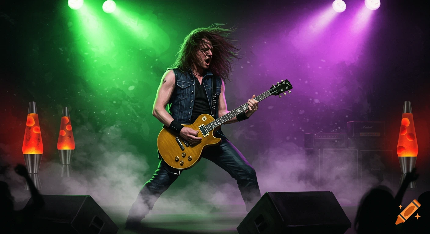 Digital art of a long-haired rock guitarist playing electric guitar on stage under green and purple lights with lava lamps and smoke.