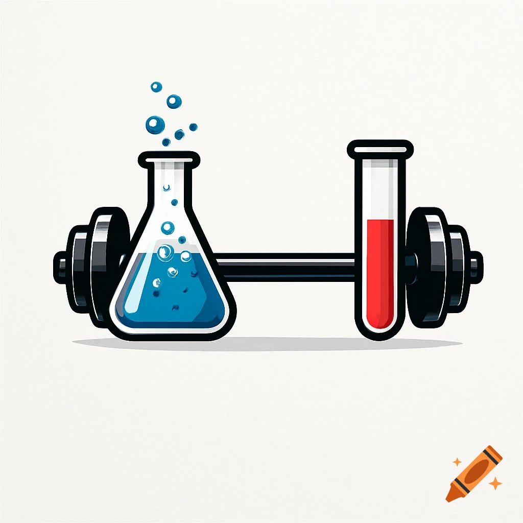 A stylized logo of a barbell with a blue bubbling conical flask and a red test tube as weights.