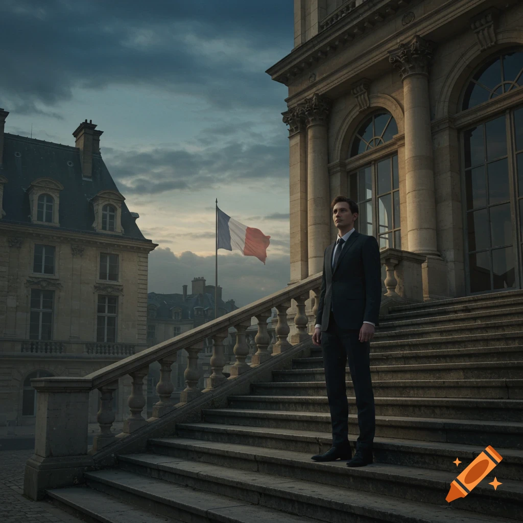 Man in a dark suit stands on stone steps outside a grand building with a French flag under a cloudy sky.
