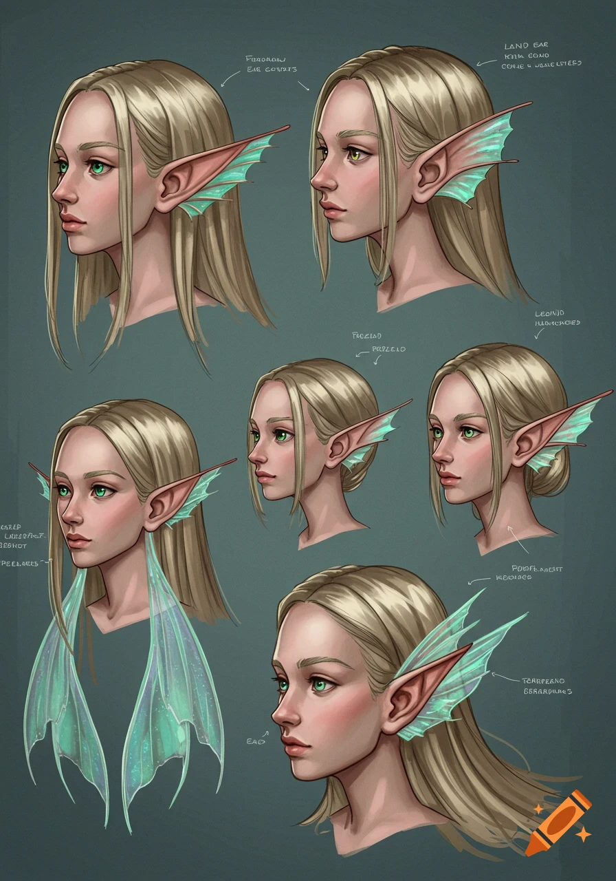 Multiple female concept busts with blonde hair, green eyes, and various designs of combined elf and mermaid-like ears.