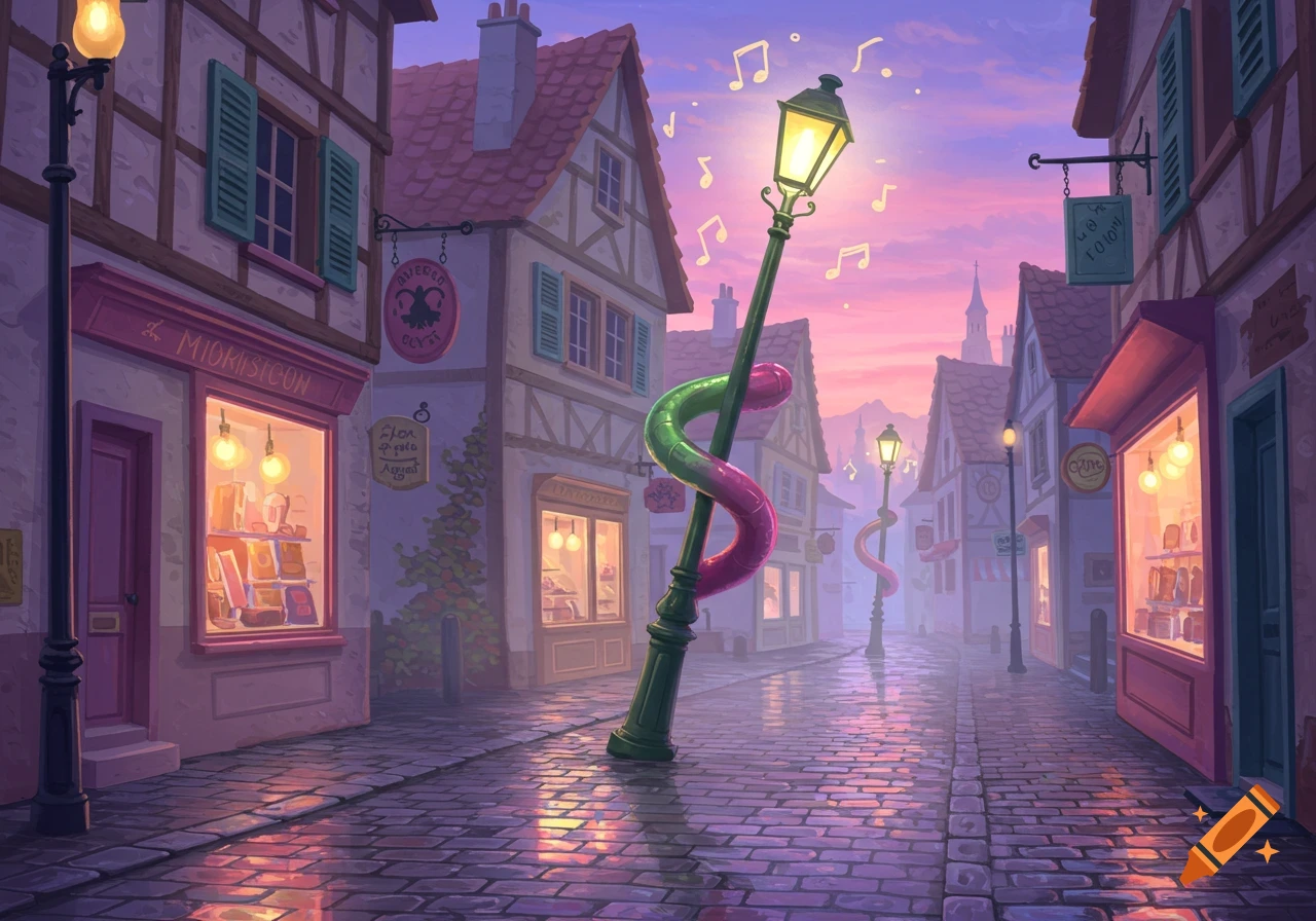 A whimsical, illustrated town street at dusk, with glowing lampposts curving like dancing figures, musical notes floating in the air, and quaint shops with illuminated windows lining the cobbled street under a pink and purple sky.