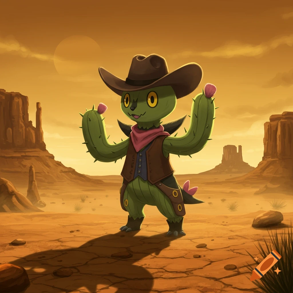 A cartoon Cacturne Pokémon in a cowboy hat and vest stands in a sunny desert.