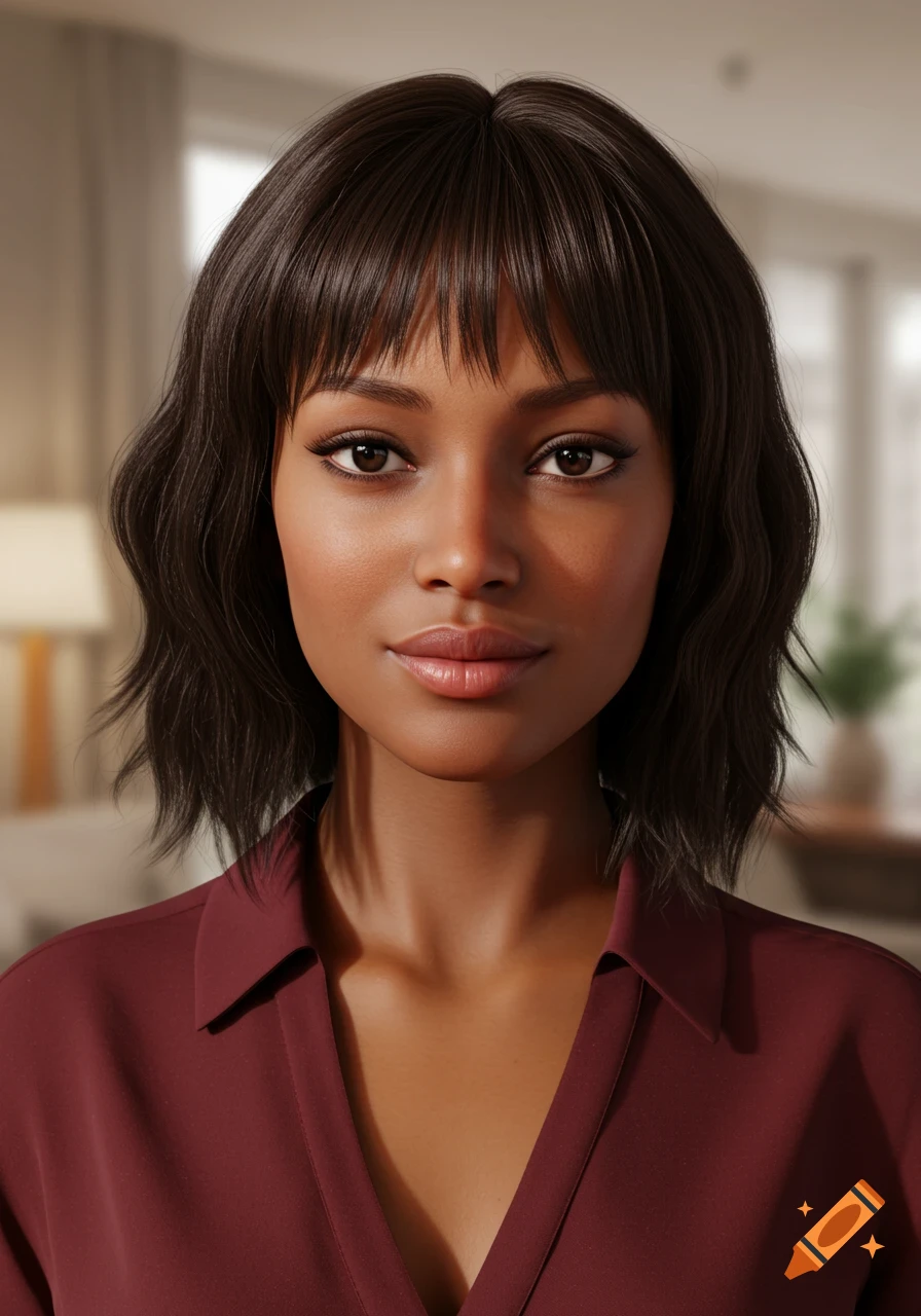 Photorealistic close-up portrait of a woman with dark brown hair and bangs, wearing a maroon shirt.