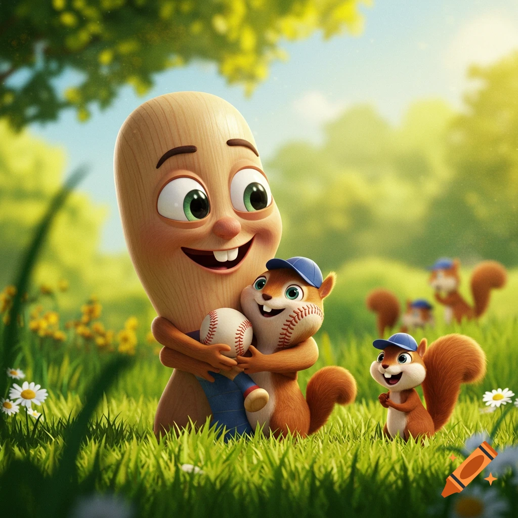 Happy cartoon baseball bat character hugging a squirrel in a blue baseball cap, with more squirrels in a sunny grassy park.
