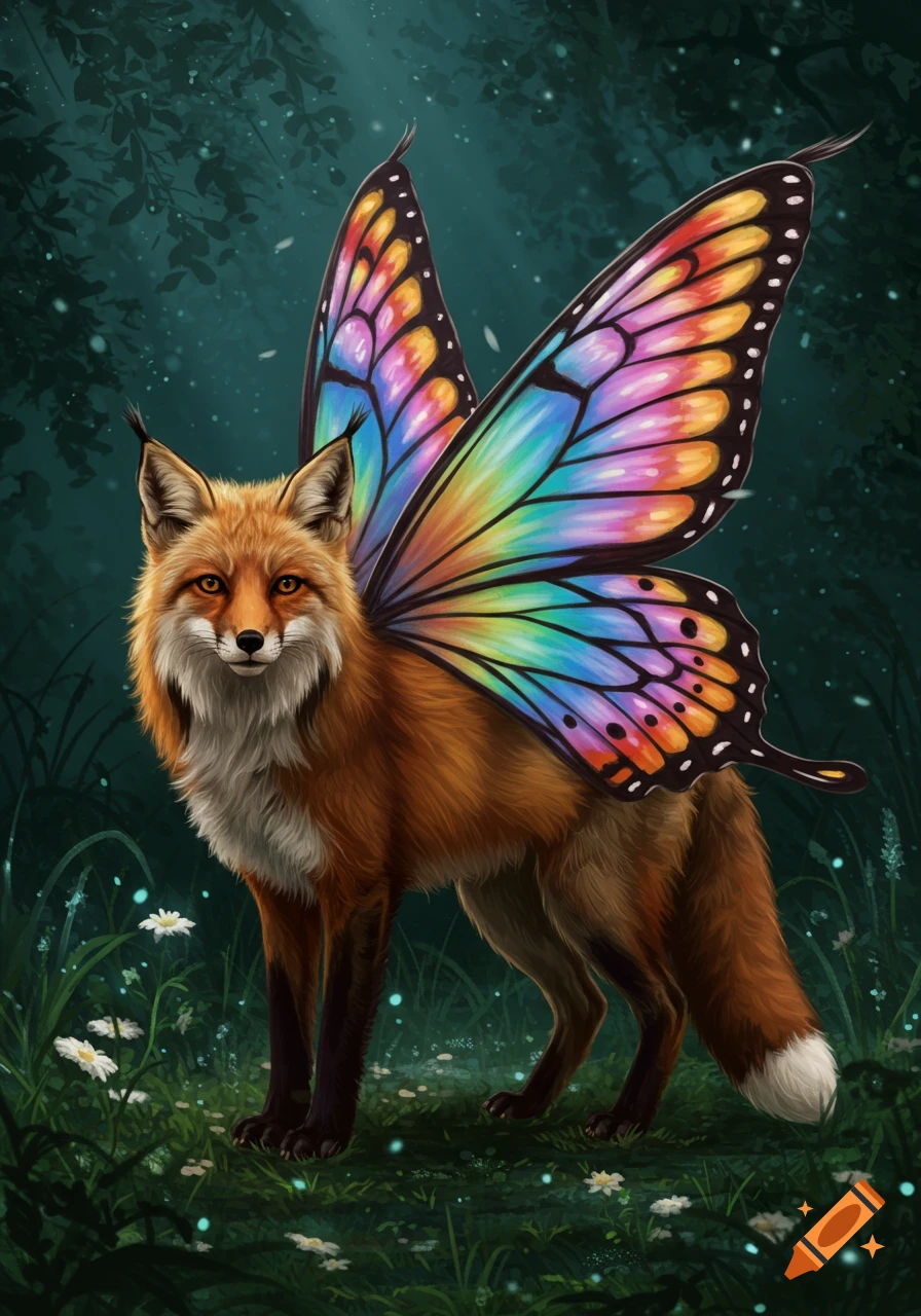 A fantasy fox with vibrant, rainbow butterfly wings stands in a dark, magical forest with glowing plants, digital art.