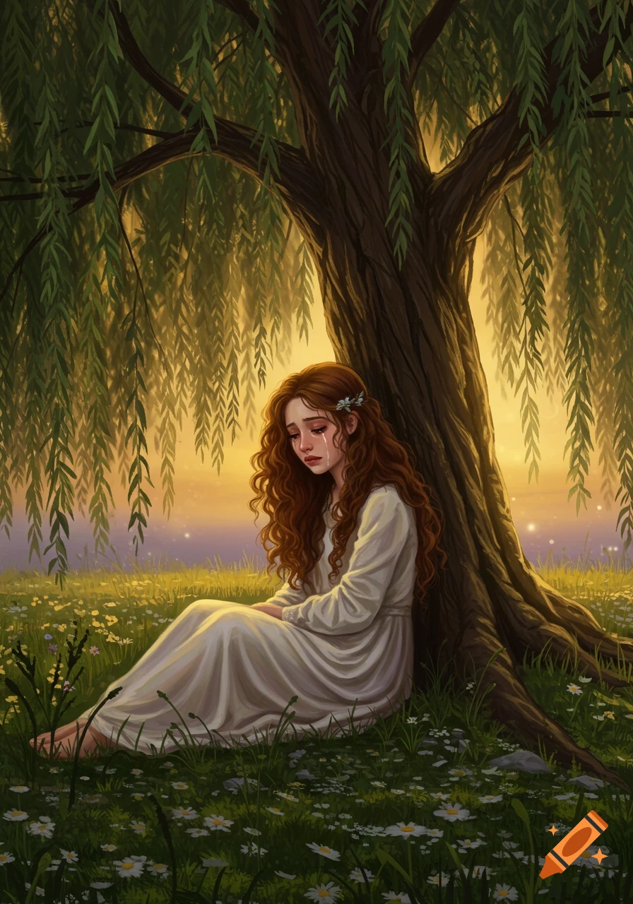 Illustrated crying girl with long red hair sitting under a weeping willow tree in a field of daisies at sunset.
