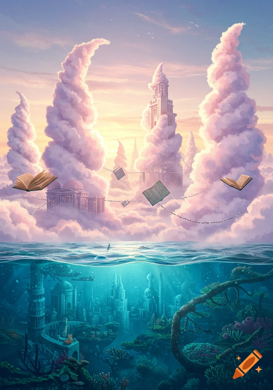 A vibrant, surreal illustration of a sky city with cloud towers and floating books above an elaborate underwater city.