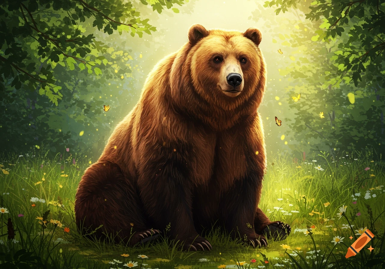 A brown bear sits prominently in a sun-dappled forest clearing filled with green grass, wildflowers, and flying butterflies in an illustrative style.