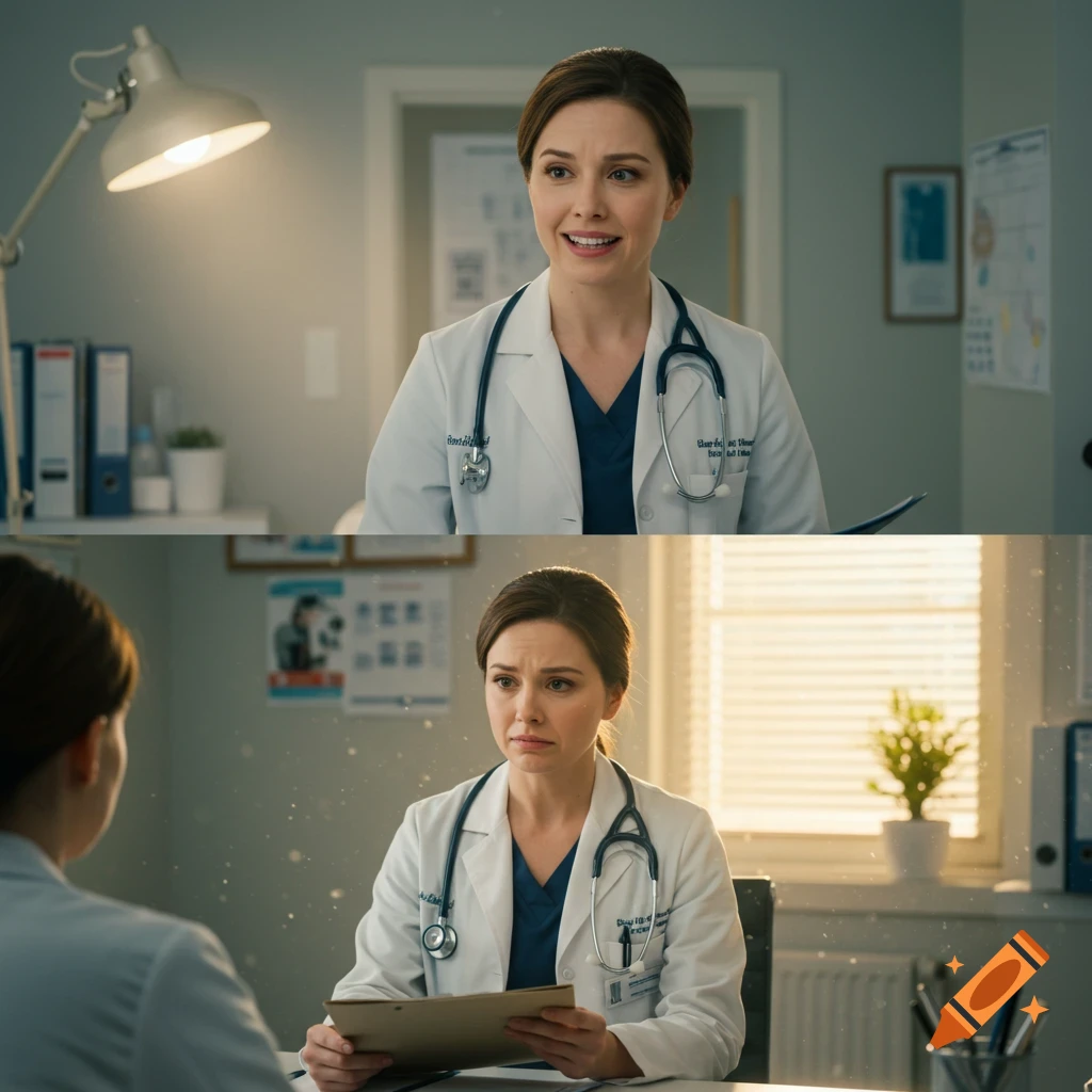 Photorealistic image of a female doctor in an office. The top panel shows her smiling, the bottom shows her looking concerned.