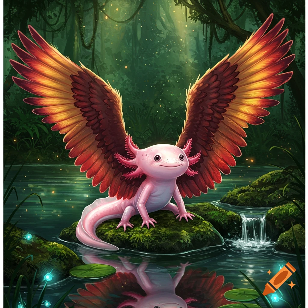 Vibrant illustration of a pink axolotl with large, colorful eagle wings sitting on mossy rocks by a stream in a dark fantasy forest with glowing lights.