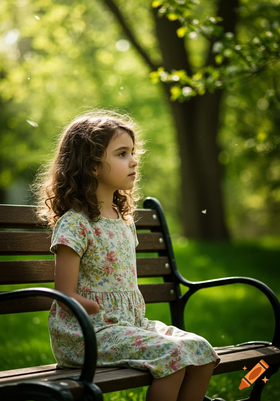 A young girl with curly hair in a floral dress sits on a park bench, looking to the right. Her right arm is not visible.