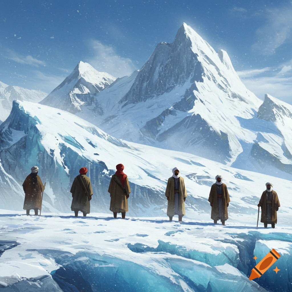 Six robed figures stand on an icy ridge, looking out at a vast, snow-covered mountain range under a blue sky.