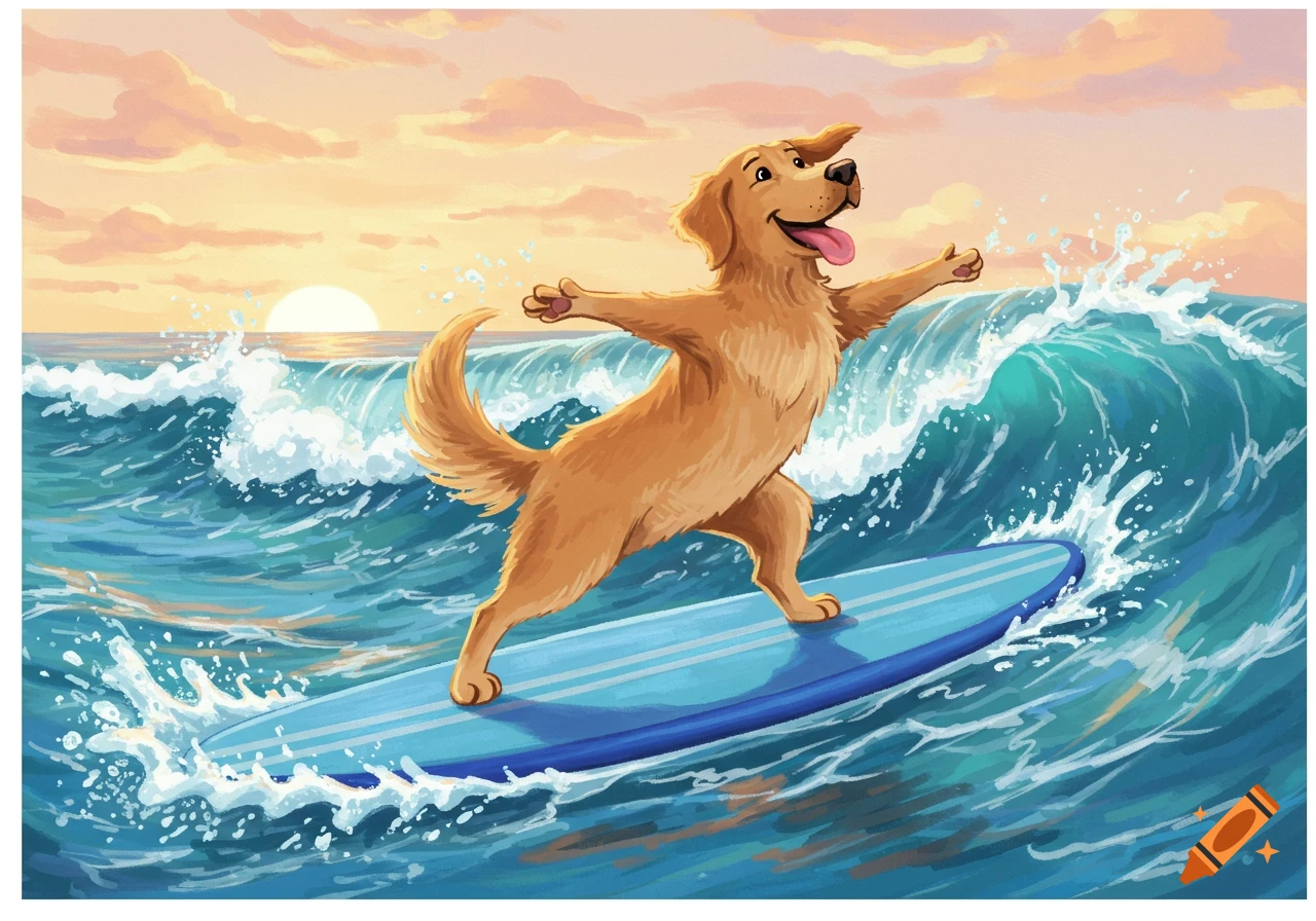 A happy cartoon golden retriever dog surfs on a blue board amidst ocean waves at sunset.